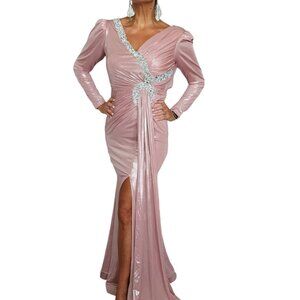 Women's Metallic Pink Long Sleeve Gown with Rhinestone Evening Dress Size S